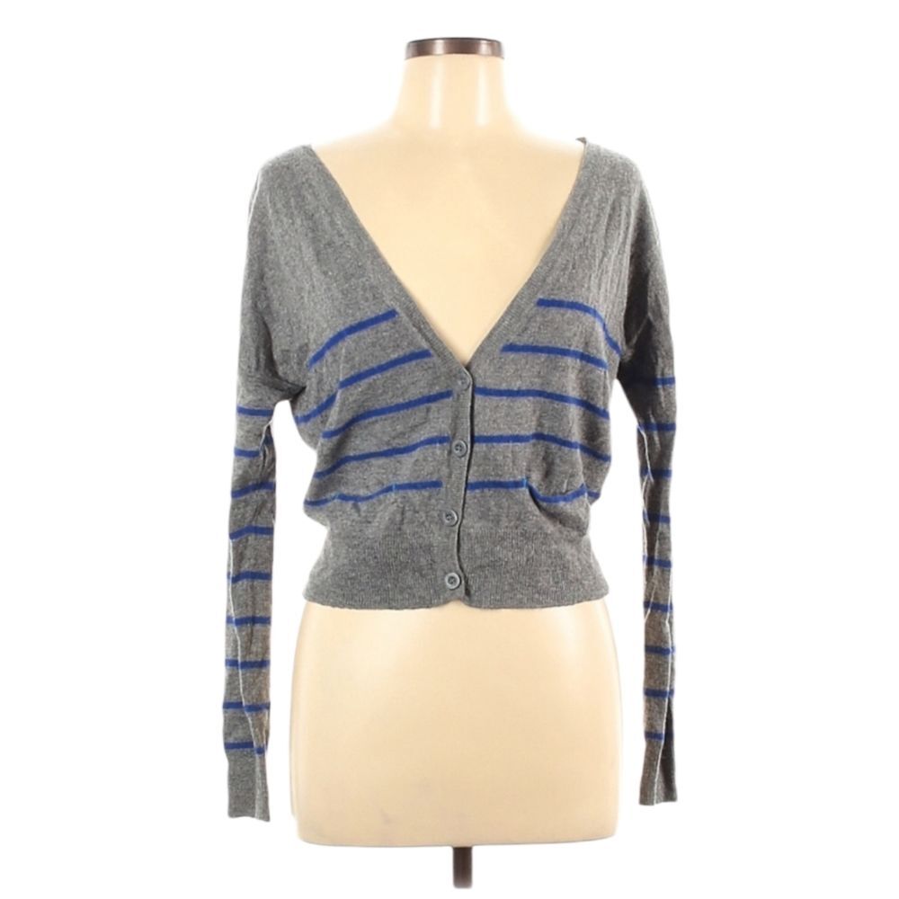 Vintage Y2K AEO American Eagle Cardigan Sweater L Gray Blue Striped Preppy Layer